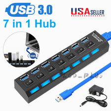 USB 3.0 Hub 7 Port On/Off Switch High Speed Splitter AC Adapter Cable PC Laptop