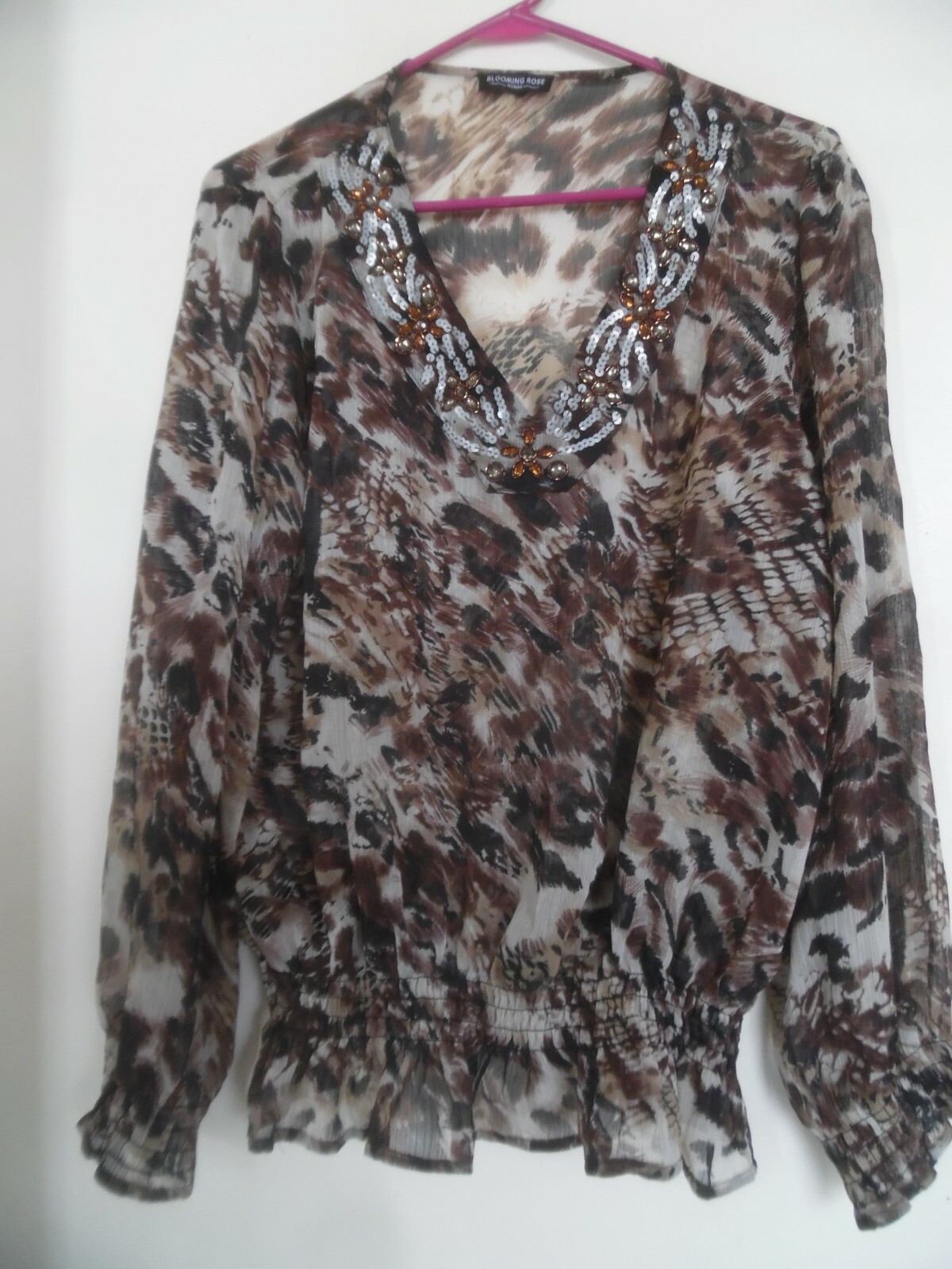 Blooming Rose XL Boho Gypsy Sheer Blouse with Animal Print