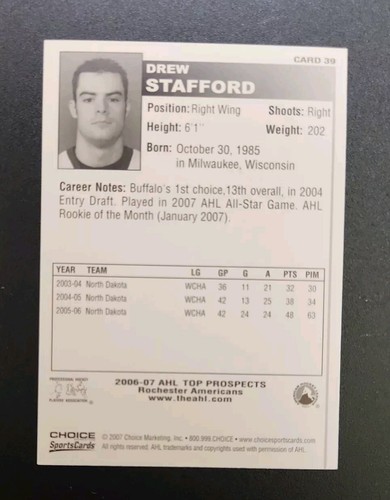 !Autographed! 2007 Choice Marketing AHL Top Prospects #39 Drew Stafford - Picture 2 of 2