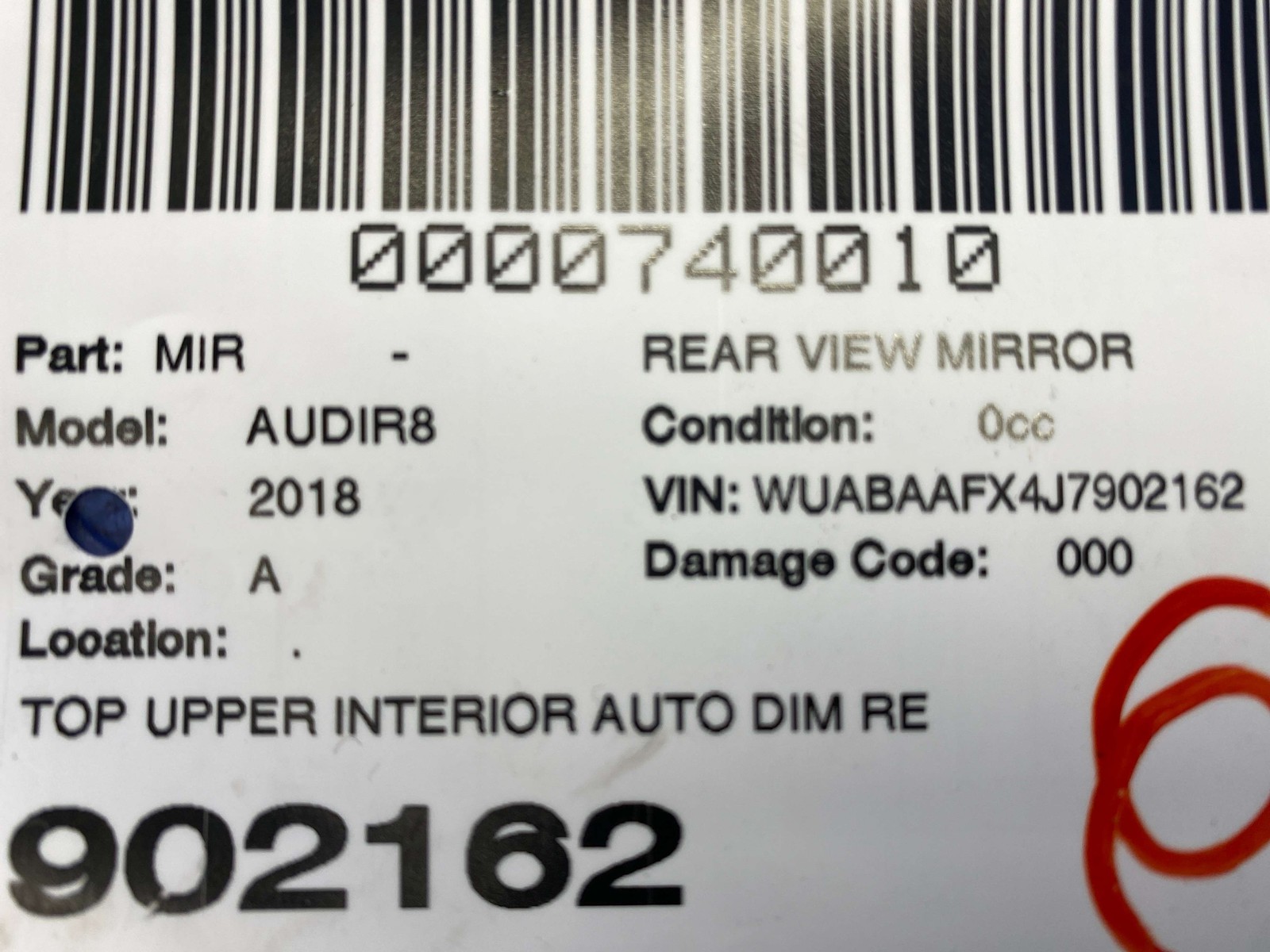 2017-2023 AUDI R8 V10 4S RWS UPPER INTERIOR AUTO DIM REAR VIEW MIRROR 81A857511H