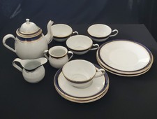 Vtg/antique Child's enamelware tea set doll tea party 16 pcs White blue gold