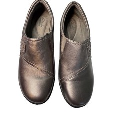 Clarks Metallic Pewter Leather Slip-On Comfort Loafers Casual Flat Shoes 7.5