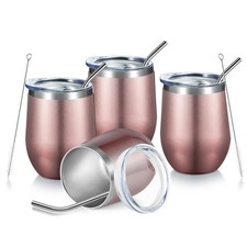 Juego de 4 vasos de vino aislados oro rosa 12 oz con tapa y pajita acero inoxidable
