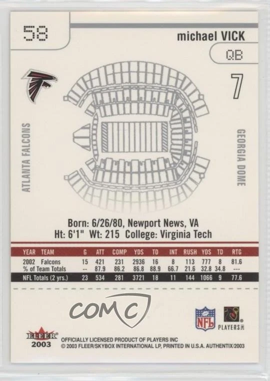 2003 Fleer Authentix Michael Vick #58 - Image 2 of 2