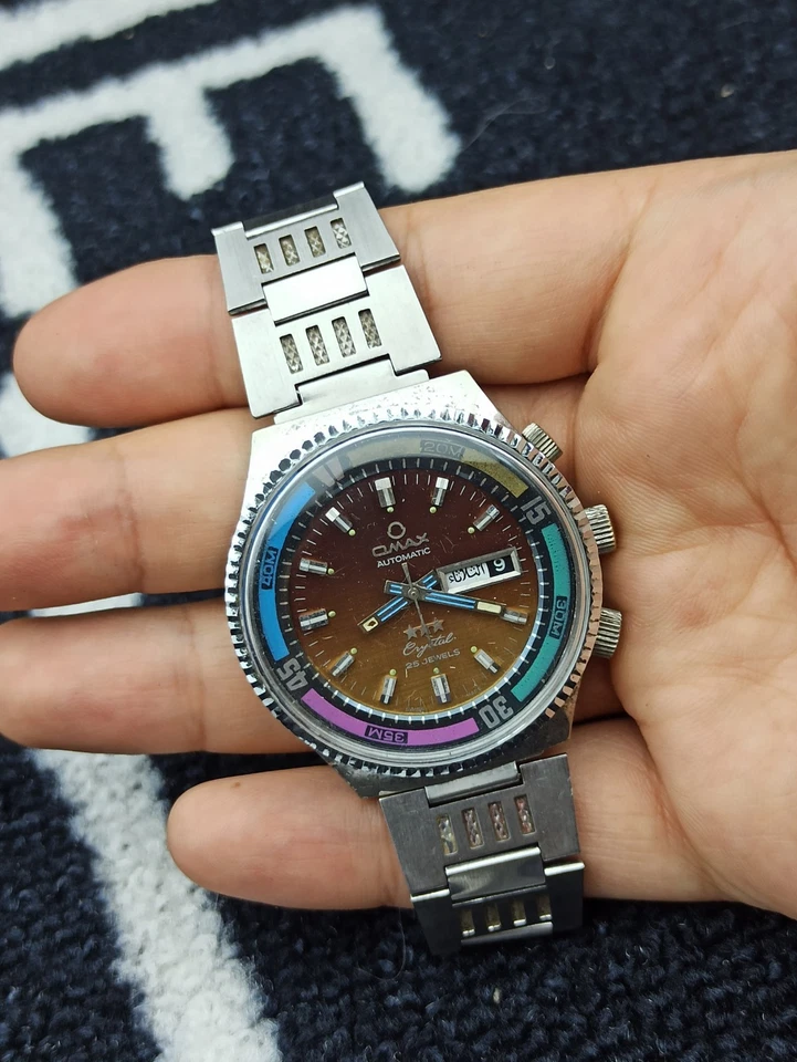 JUMBO OMAX CRYSTAL 25 JEWELS SIVER WATCH SWISS 70s RARE SILVER & COLORFOL - Image 3 of 4