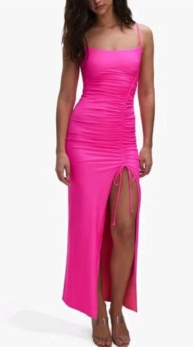 NWT Good American  Knockout Hot Pink Satin Ruched Maxi Dress 8 SEE MEASUREMENTS 