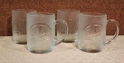 Lot of 4 Vintage Coca-Cola Frosted Glass Coffee Tea Soda Mugs Logo Bottles