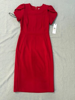 Calvin Klein Women's Red Tulip Sleeve Sheath Dress Gold Zip Knee Length Sz 2