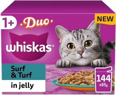 144 x 85g Whiskas 1+ Duo Surf & Turf Mixed Adult Wet Cat Food Pouches in Jelly