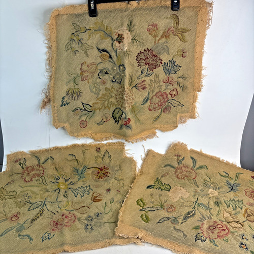 3 Matching Antique Handmade Floral Needlepoint Tapestry Seat Covers UNFINISHED