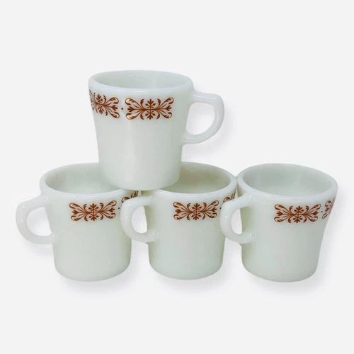 4-Pyrex Brand Tableware by Corning [Copper Filigree] #709 White Milk Glass Mugs