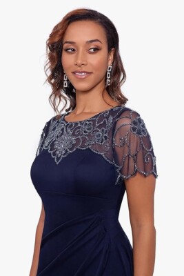 xscape jersey dress Amazon.com: XscapeWomen's Plus Sheer Matte Jersey Maxi Dress with Beaded Sleeves and Side Ruching, Navy/Metal, 14 : Clothing, Shoes & Jewelry