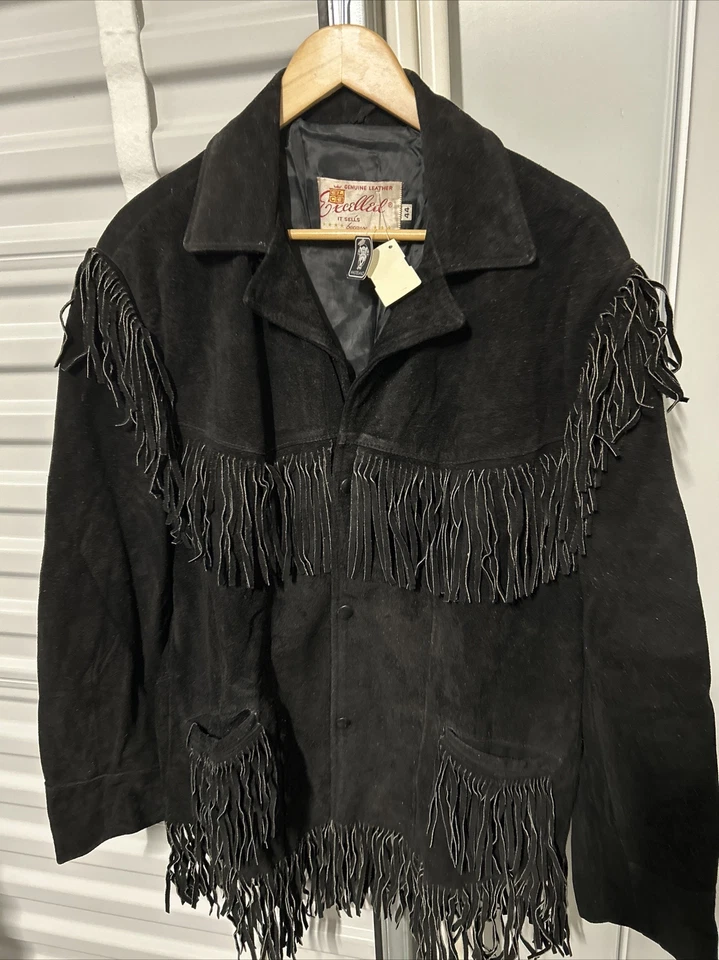 Vintage Excelled Suede Leather FRINGED Western Coat Jacket black Cowhide Tassel - Image 3 of 4