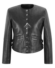 Woman’s Black Collarless Fashion Style Button Down Retro Leather Jacket Kristen