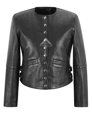 Schwarze kragenlose Damen-Lederjacke im modischen Stil mit Knopfleiste Retro Kristen ''
