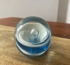 Vintage Art Glass Control Bubble Blue & White Swirl Paperweight
