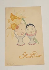 Art Deco Easter Swedish Postcard Two Eggcups & Faces on Eggs by "Aina Stenberg"*