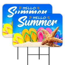 Hello Summer 2 Pack Double-Sided Yard Signs 16" x 24" with Metal Stakes (Made in