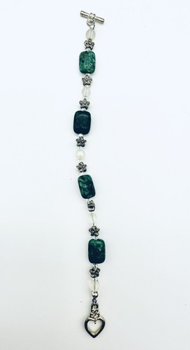 Green Stone and Frosted Glass Beaded Bracelet-Silver Tone Metal-8” in Length - Picture 2 of 3