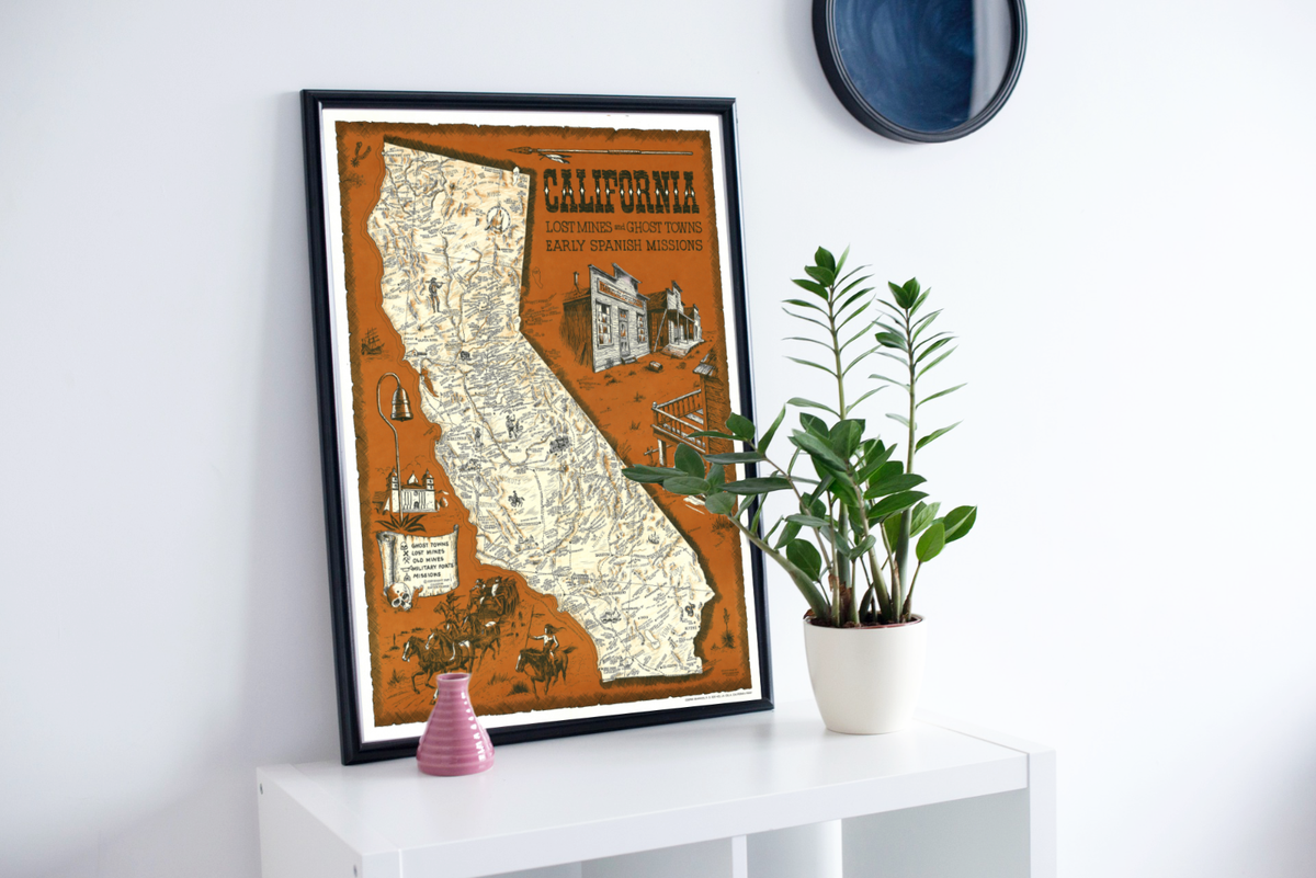 California Lost Mines Ghost Towns Historic Vintage Map Poster CA
