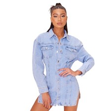 Pretty Little Thing Light Blue Wash Long Sleeve Denim Shirt Mini Dress UK 8 US 4