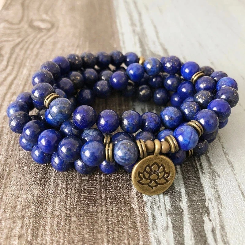 108 Cuentas Mala Piedra Lapislázuli Natural Cuentas Collar Loto Dije Collar Foto 2 de 4