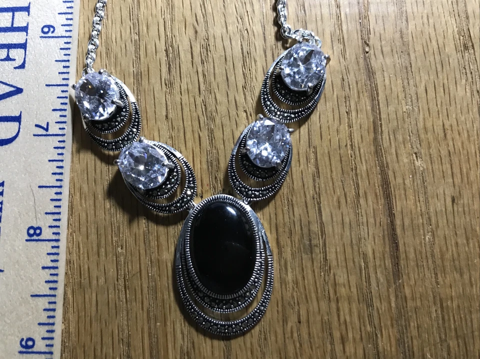 NUEVO COLLAR LE VIEUX ÓNIX NEGRO Y CUARZO TRANSPARENTE CON MARCASITA con etiquetas Foto 2 de 4