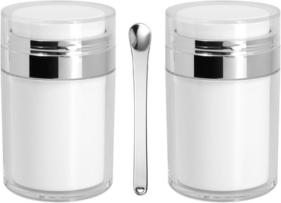 2Pack Airless Pump Jars with Cosmetic Spatula, 3.5 Oz Empty Refillable Cosmetic 