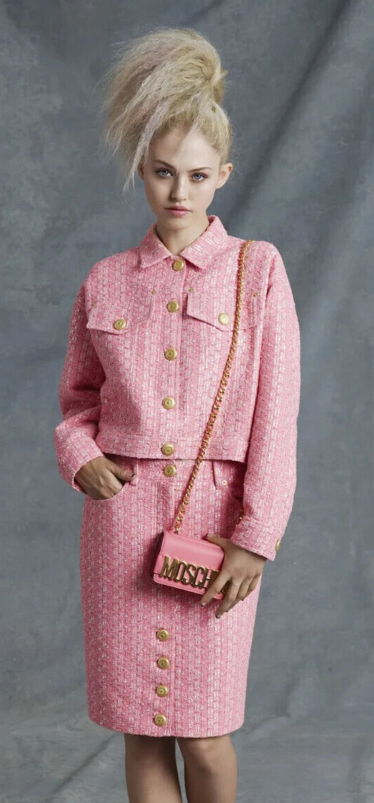 MOSCHINO COUTURE RAFFIA BOUCLE PINK TWEED JACKET SKIRT SET 2017