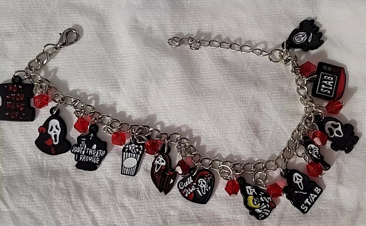 Horror Movie Silver Tone Charm With Red Bead Bracelet Halloween