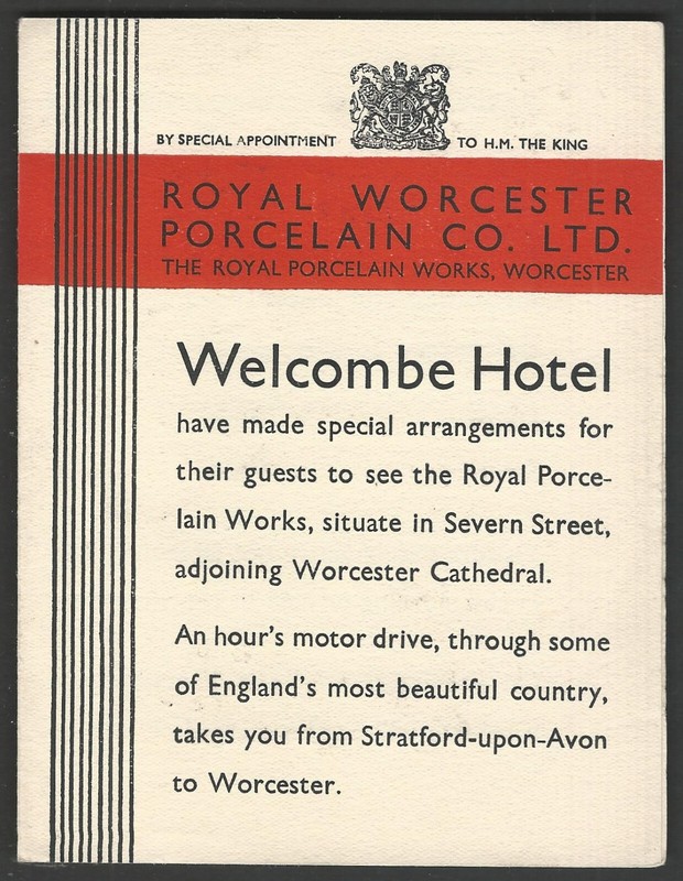 ROYAL WORCESTER PORCELAIN CO. Tour fr. WELCOMBE HOTEL Stratford-upon-Avon