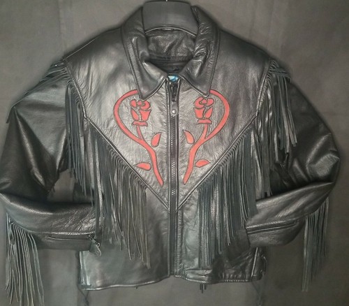 . Woman's Black Leather Riding Jacket Fringe Suede Heart Rose Gallery Sz Large - Afbeelding 1 van 11