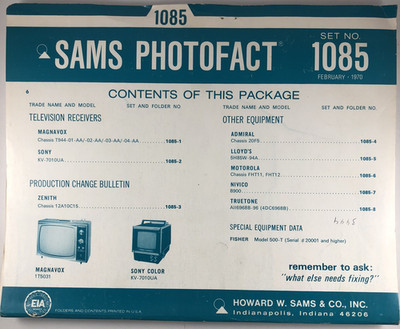 SAMS PHOTOFACT FOLDER SET NO. 1085, 1970, SCHEMATICS & SERVICE MANUALS