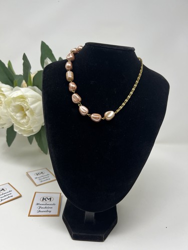 Gold Tone Asymmetrical Chain Necklace With Faux Pink Pearl Beads Statement