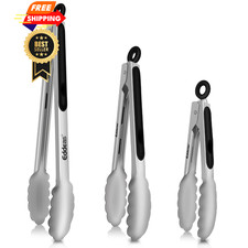 Tongs For Cooking - Heat Resistant 600 Degrees 7+9+12 inch, Silver 3Pcs