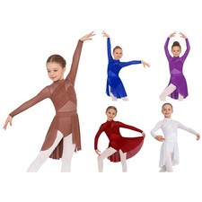 Girls Lyrical Dance Mesh Romper Kids Figure Skating Dress Stage Mock Neck Shiny
