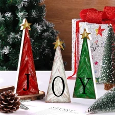 3 PCS Christmas Tree Wooden Decoration with Small Gold Stars Xmas Farmhouse Tier