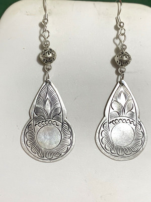NEW ITEM *LG. ENGRAVED SILVER HILL TRIBE PENDULUM DROP EARRINGS .925 WIRES-NEW
