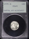 1935-S Mercury Dime PCGS MS-65 Old Green Rattler Holder