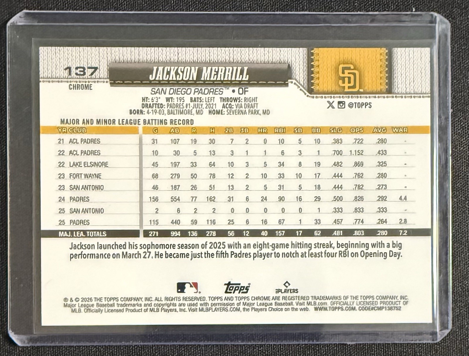 2026 Topps Chrome Baseball Jackson Merrill #137 Image Variation Golf Gold /50 view 2