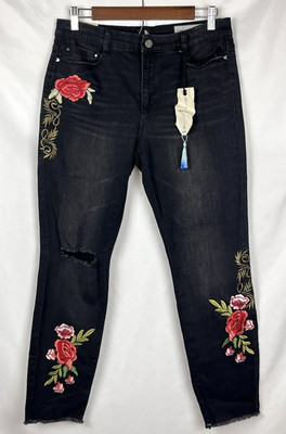 NWT Banjara Black Ankle Skinny Distressed Jeans Size 30W 27.5L Floral Embroidery