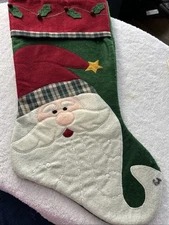 Vintage Felt & Fabric 3D Appliqué Primitive Santa Christmas Stocking