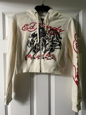 NWT Ed Hardy Horses Skull Roses Cropped Hoodie Size M Medium