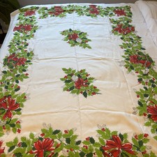 Vintage Christmas Tablecloth Holly & Bells Rectangle. Few Stains. Flaws