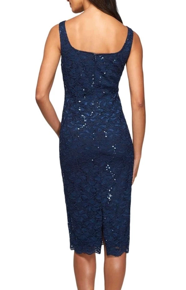 Sexy Vestido Alex Evenings Talla 10 Azul Marino Lentejuelas Elastizado Encaje Funda BodyCon Foto 2 de 4