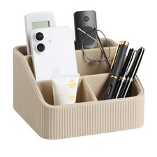 Remote Control Holder PU Leather Small Nightstand Organizer 4 Compartments Beige