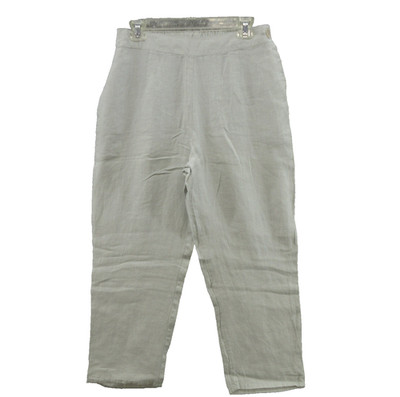 FLAX Designs Linen Pants Small Gray Pedal Pusher Elastic Waist Side Button New