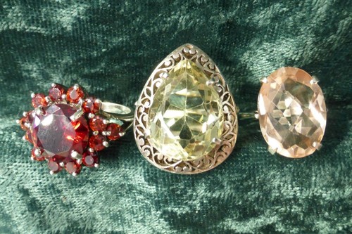 3 Sterling Silver Rings, Large Stones, Rose, Lemon, Red Color, 25 Grams, 3 Rings