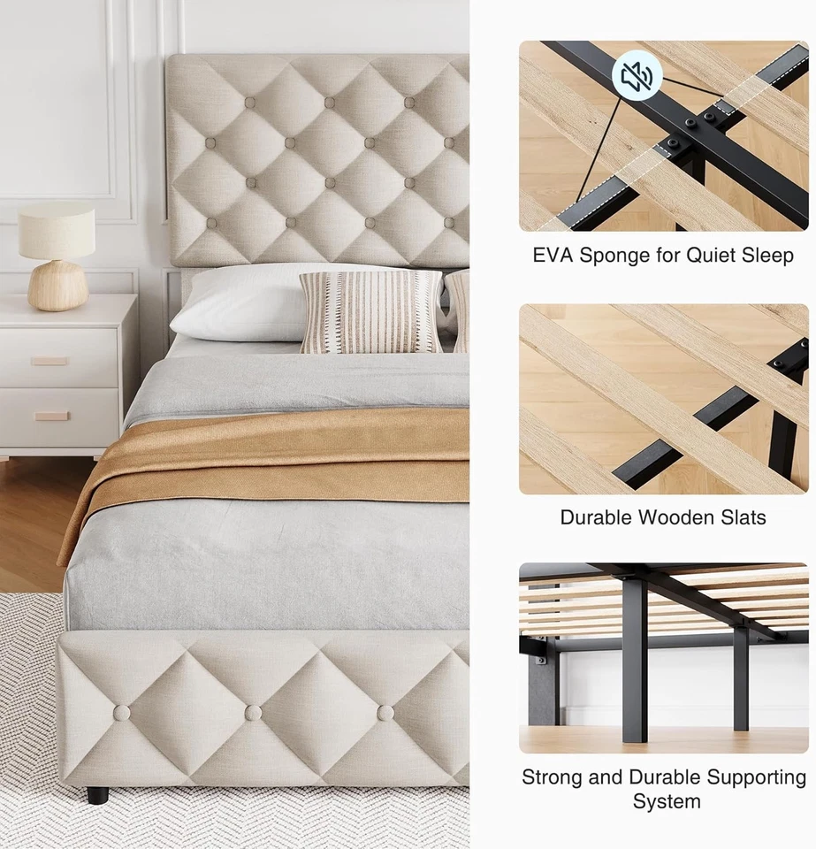 Cama queen estofada plataforma estrutura com 4 gavetas de armazenamento cabeceira ajustável - Imagem 4 de 4