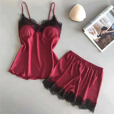 Women Pajama Suit Fashion V-Neck Stretch Satin Babydoll Lace Sexy Lingerie Bowkn